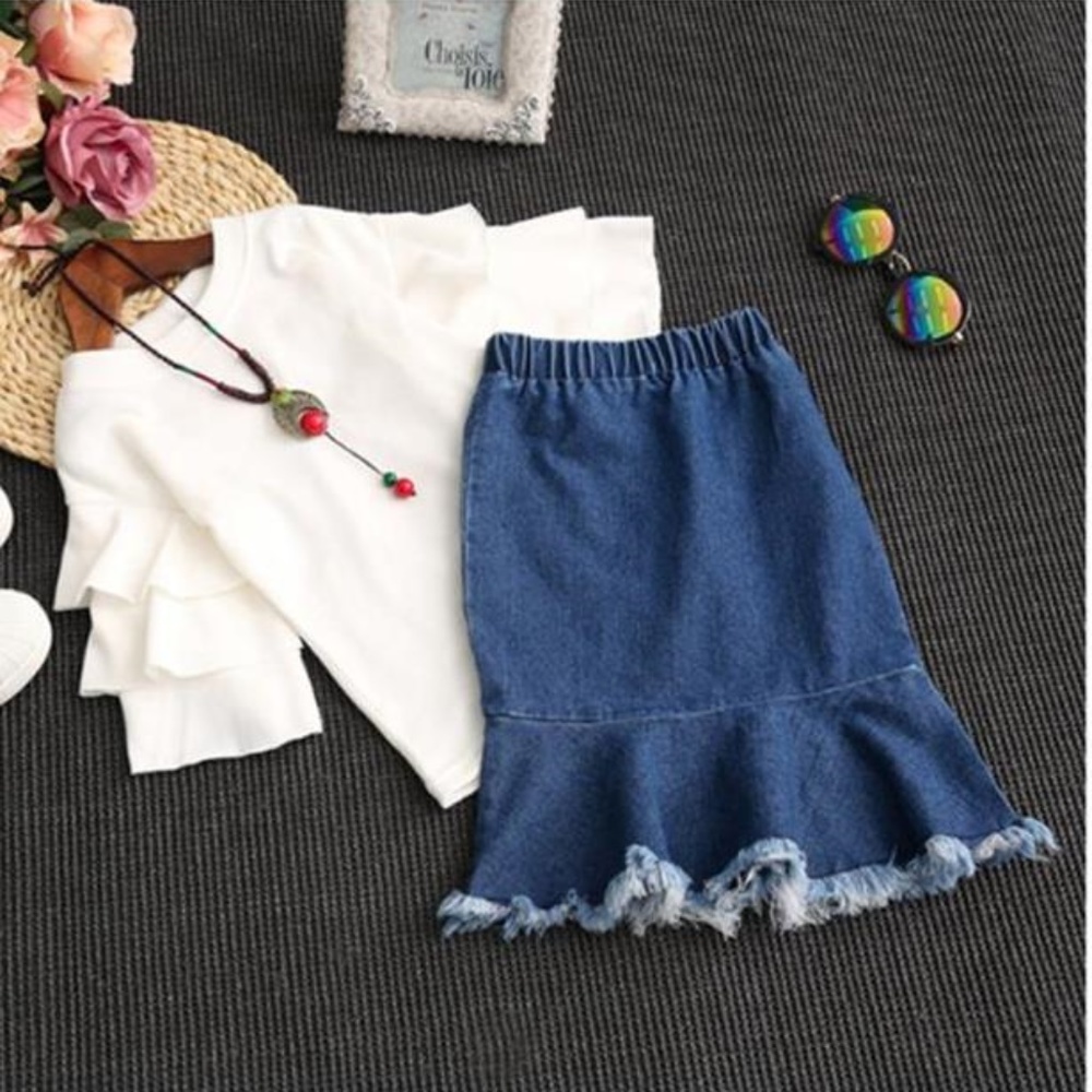 Girls Jean Skirt with White Ruffle Sleeve Top 5-6